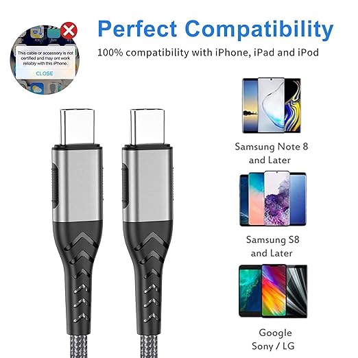 Durcord USB C to USB C Cable, 2Pack 60W 10ft USB C Charger Cable Fast Charging for Android Phone Pad, Type C to Type C Charger Braided USB Cable Compatible with iPhone 15/Pro/Plust/Max Silver