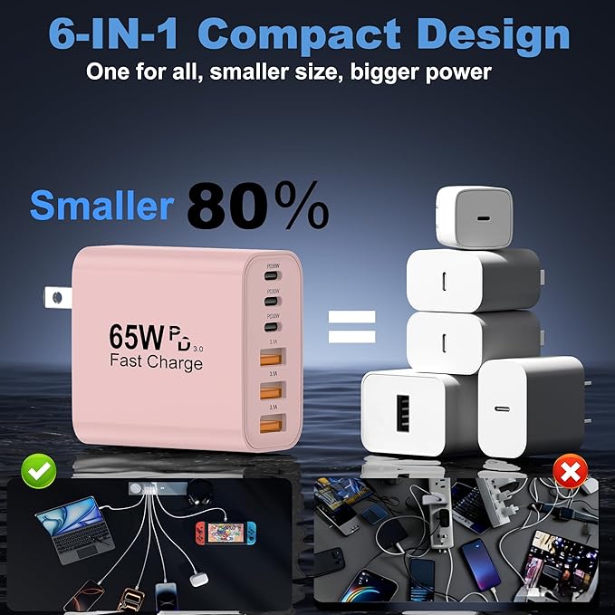 USB C Charger Block, 2Pcs 65W 6-Port USB C Wall Charger for iPhone Charger Fast Charging PD Power Adapter+QC Wall Plug Multiport Type C Brick Chargers for iPhone 17 16 15 14 13 Pro Max XS,for Samsung