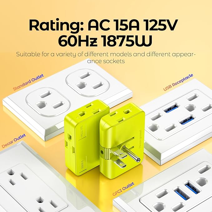 2 Pack Plug Splitter - 3 Prong Wall Adapter with 2 to 3 Prong Outlet Converter, Safe & Space-Saving Plug Extender, Yellow