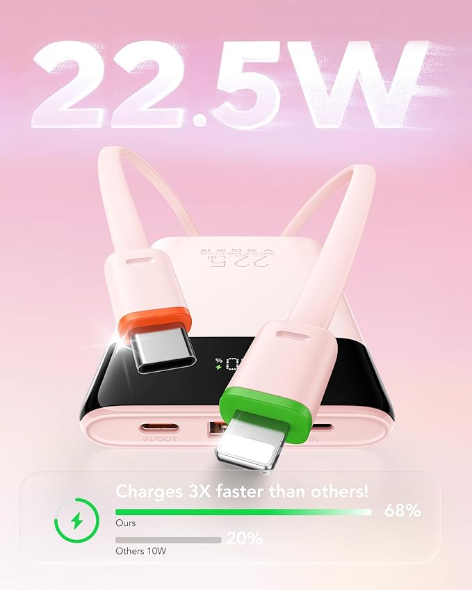 VEGER Portable Charger, Ultra Slim 22.5W Fast Charging with Built in Cable, Flight-Safe 10000mAh USB C Power Bank Battery Pack, Travel Essential Phone Powerbank for iPhone 17 16 Samsung S25 Google etc