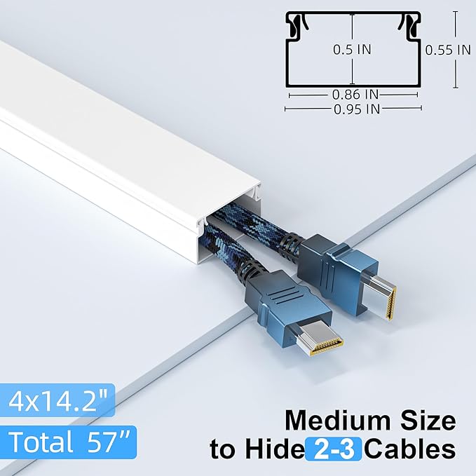 Delamu Cord Hider for Wall Mounted TV, 57in Paintable Cable Cover System, Self-Adhesive Cable Management Raceway Kit Hides 2-3 Wires, Baseboard Wire Hider Easy Installation, W 0.95 H 0.55in, White