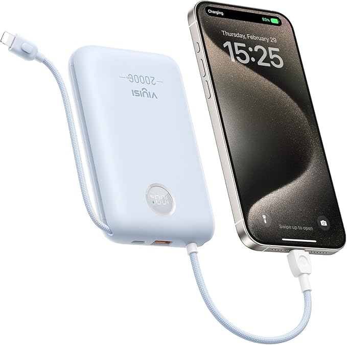 VIYISI Portable Charger 20000mAh 30W Fast Charging, Power Bank with Built-in Cables & LED Display, USB C Battery Pack for iPhone 16/15/14, Samsung, iPad and Android Phones, Ideal for Travel
