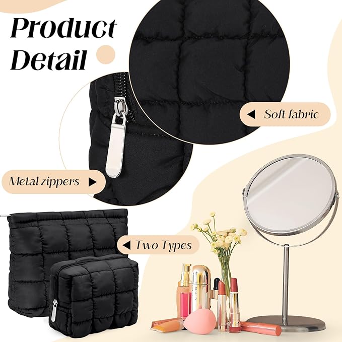 Huhumy 2 Pcs Puffy Makeup Bag Quilted Cosmetic Pouch for Women Cute Checkered Travel Toiletry Bag Puffer Makeup Organizer Purse Pouch Preppy Pencil Case with Zipper(Black)