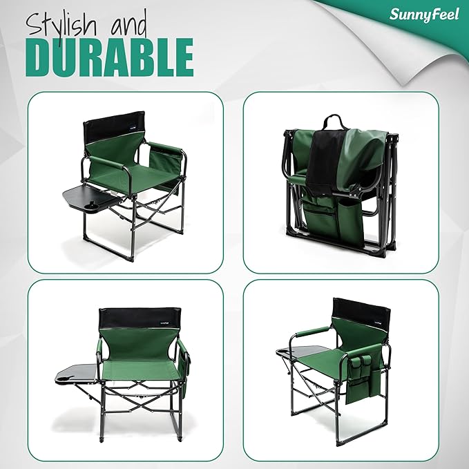 SUNNYFEEL Camping Directors Chair, Heavy Duty,Oversized Portable Folding Chair with Side Table, Pocket for Beach, Fishing,Trip,Picnic,Lawn,Concert Outdoor Foldable Camp Chairs