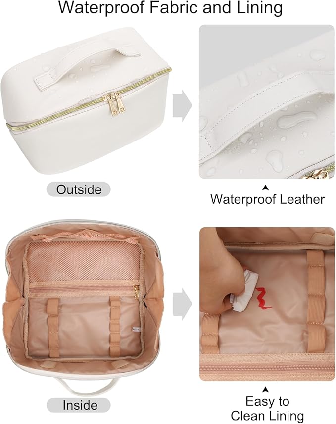 Relavel Travel Makeup Bag for Women, Large Capacity Cosmetic Bags with Separate Brushes Compartments, Waterproof Toiletry Organizer Bags with Handle for Travel Essentials - White
