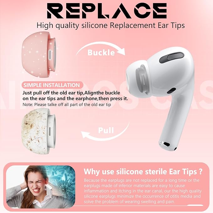4 Pairs Replacement Ear Tips for AirPods Pro 2nd/1st Generation with Portable Storage Box & Cleaner Pen,Noise Reduction Holewith & Built-in dust Guard Screen,Silicone EarTips(Pink)