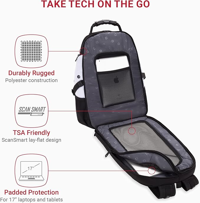 SWISSGEAR 1900 ScanSmart TSA Laptop Backpack Fits 17 Inch Laptop with RFID Protection and Tablet Pocket, White/Black, 19-Inch