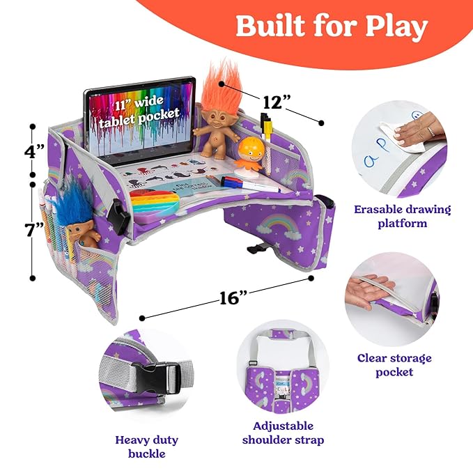 PILLANI Kids Travel Tray for Car - Car Seat Tray for Kids w/ Tablet & Cup Holder - Toddler Travel Activities for Car & Airplane - Road Trip Essentials & Must Haves - Carseat Table Roadtrip Activities
