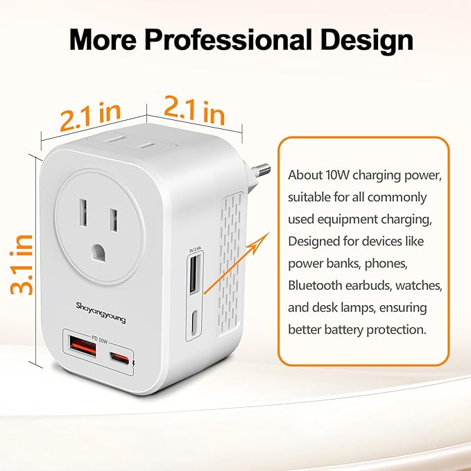 Voltage Converter US to Europe, 220V to 110V Converter for European Travel, Power Converter for Europe with 20W PD,2 Type-C Port 2 USB-A,Power Plug Combo for Italy Spain Greece - White