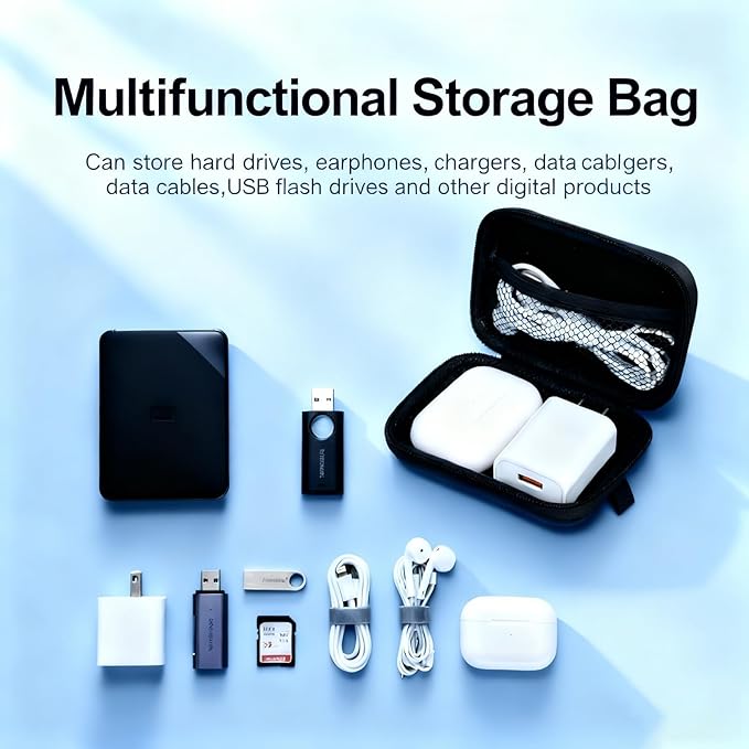 Earbud Case Portable EVA Storage Bag Cell Phone Accessories Organizer with Carabiner for Wired/Wireless Earphone, Earbud, Earpieces, SD Memory Card, Camera Chips, Tech Pouch, Rectangle, Black