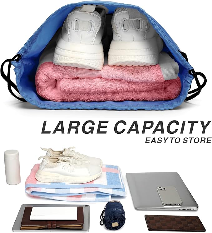 Drawstring Backpack Sports Water Resistant String Bag Sport Gym Sackpack for Women Men Large with Zipper, Baby Blue