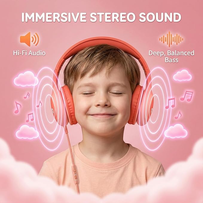 ADOOPE Wired Kids Headphones with USB C Plug, 85dB Safe Volume, Adjustable Headband, Tangle-Free Cord Headphones for School, Tablet, Travel (Coral Red & Soft Peach, with Microphone)