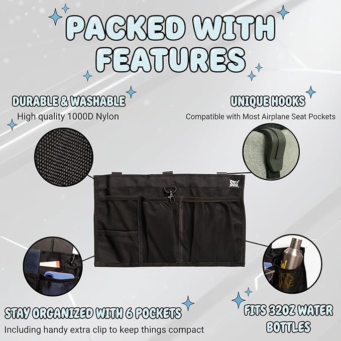 Airplane Seat Organizer to Clip onto Airplane Seat Pocket | Travel Essentials Accessory with Improved Universal Compatibility (15 x 9 Inches)