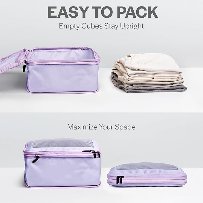 Aerotrunk Compression Packing Cubes for Travel - Luggage Organizer Bags - Double Zipper Packing Cubes for Suitcases (6-Pack, Purple)