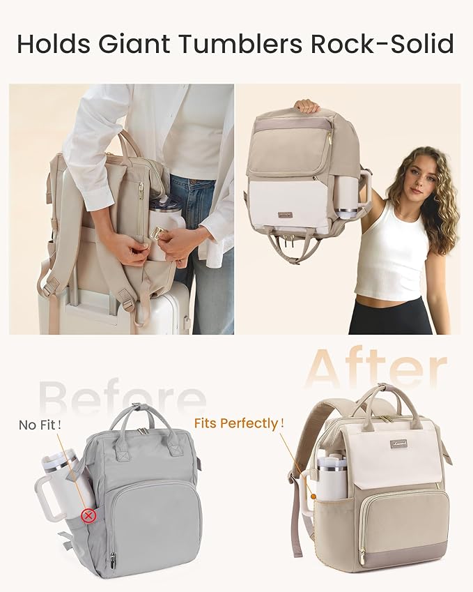 LOVEVOOK Laptop Backpack for Women with Giant Tumbler Holder Pocket, 15.6 inch Travel Work Backpack Purse for Nurse Teacher, Waterproof School Bag College Bookbag Cute Casual Daypack for Girls Khaki