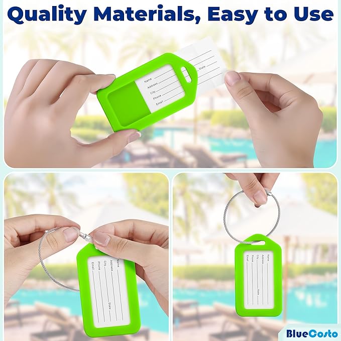 BlueCosto - Luggage Tags - Green, 50 Pack - Suitcase Tags with Name ID Card & Heavy-Duty Metal Wire Loops - Bright Colored PVC Identifiers for Travel Baggage - Backpack Name Labels