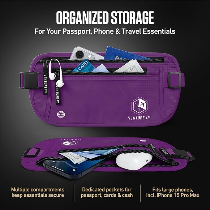 VENTURE 4TH Money Belt for Travel – Slim Hidden Under-Clothes RFID Blocking Anti-Theft Passport Holder & Travel Wallet Pouch for Men & Women to Protect Cash, Cards & Documents (Purple)