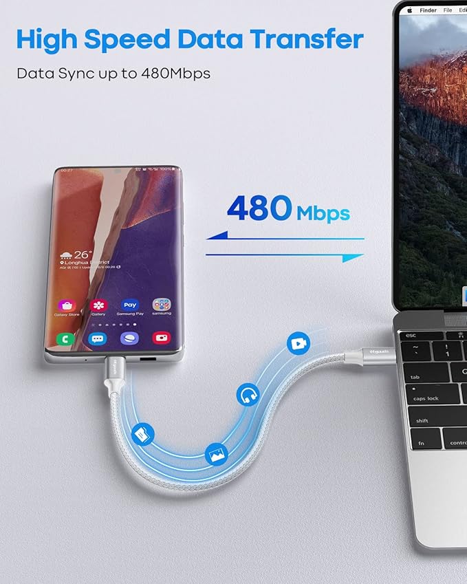 etguuds White USB C to USB C Cable 1ft, 2-Pack 60W USBC to USBC Cord, Type C to C Charger Cable Fast Charging for iPhone 17 16 15 Pro Max Plus Air, Samsung Galaxy S25 S24 S23, for MacBook/iPad, Pixel