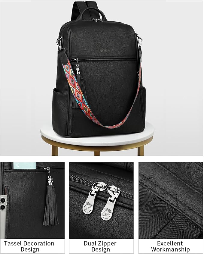 FADEON Leather Laptop Backpack for Women Designer 15.6 inch PU Laptop Bag, Ladies Travel Computer Work Backpack Black