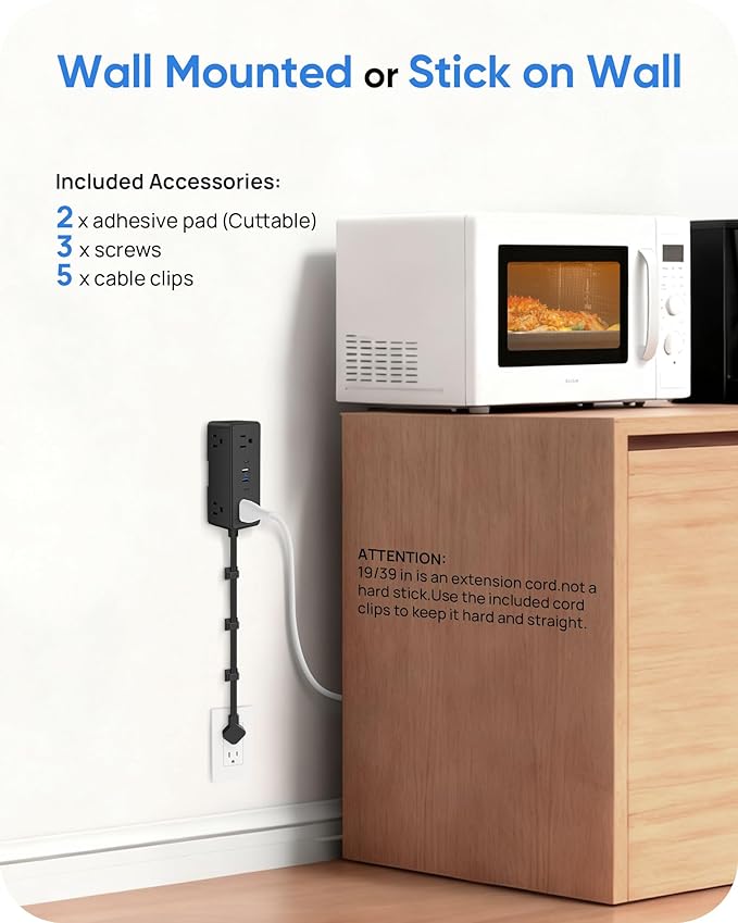 Electrical Outlet Extender Stick, Features 4 USB & 6 Outlets, 19in Flexible Extension Cord Access Hard-to-Reach Outlets, Wall Plug Power Socket Expander Nightstands Sofa Desk