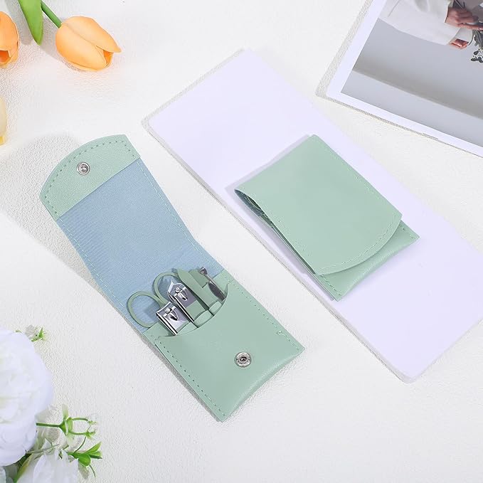 Manicure Set, 7 Pcs Professional Nail Clippers Scissors Pedicure Tools Kit, Carbon Steel Travel Nail Care Clippers with Green Leather Bag, 7 in 1 Portable Travel Grooming Kit for Women Men (Green)