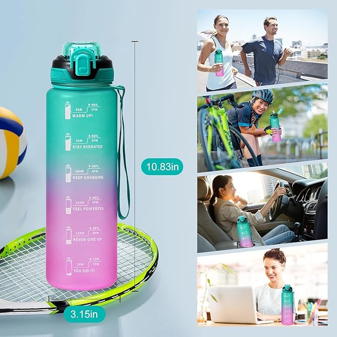 Water Bottle with Straw 1L,Boys Water Bottles with Straw 1 Litre,Waterbottle Leak-Proof Sports Water Bottle,Plastic Drinks Bottles Toxin Free，Bpa-Free (Green Purple)