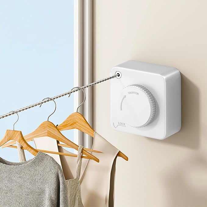 2 Pack Retractable Clothesline Indoor & Outdoor, 16.2 Ft Non-Sagging Stainless Steel Laundry Washing Line with Wall Mounted Heavy Duty Design, Space-Saving Clothing Drying Rack (White)
