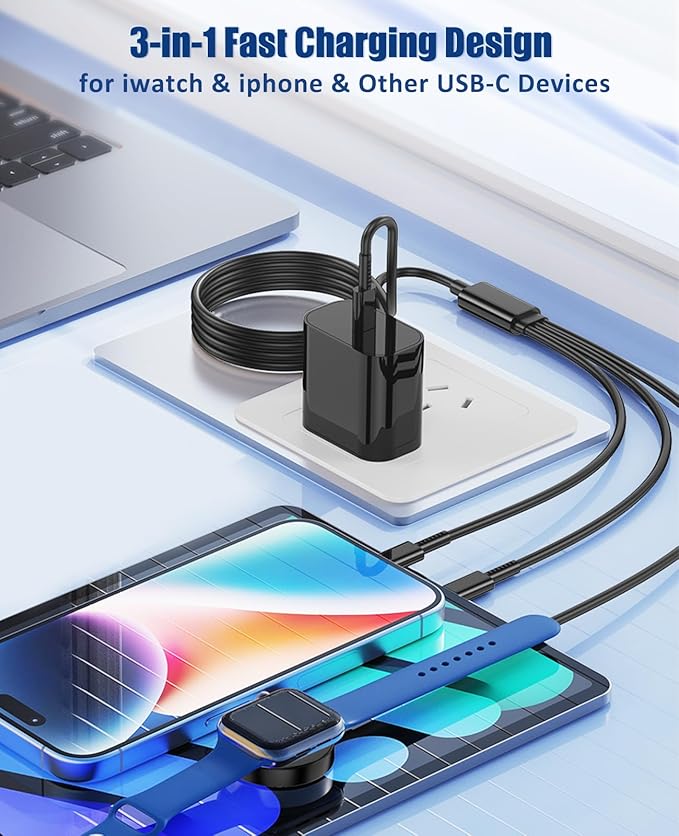 for Apple Watch Charger Fast Charging,3 in 1 Multi Chargers Cable with 20W USB C Charger, iWatch Charger Cord 6.6FT for iWatch Series Ultra2/SE/10/9/8/7/6/5/4/3/iPhone 15 16 Pro Max/14/13/12/11(Black)