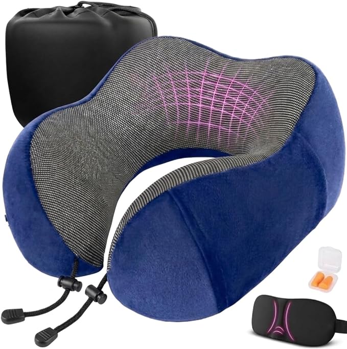 Neck Pillow for Plane Travel – 4-in-1 Kit | Adjustable Blue 100% Memory Foam Neck Support Pillow, 3D Eye Mask, Earplugs, & Cozy, Washable Cotton Cover with Secure Buttons – Sleep Comfort for Travel