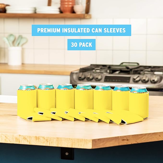 Blank Beer Can Coolers Sleeves (30-Pack) Soft Insulated Beer Can Coolies - HTV Friendly Plain Koolies in Bulk for Beer Cans & Bottles - Coolie Blanks for Vinyl Projects & Wedding Favors (Yellow)