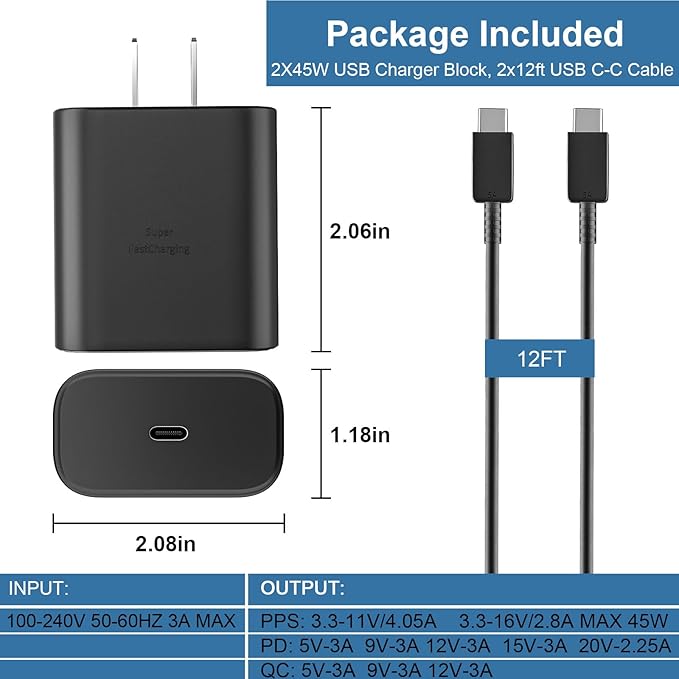 45W Super Fast Charger USB C, 45 Watt USB C Charger Block with 12FT Android Phone Fast Charging Cable Cord for Samsung Galaxy S26 S25 S24 S23 Ultra/S26 S25 S24 S23 S22 S21 S20/Note 10/20