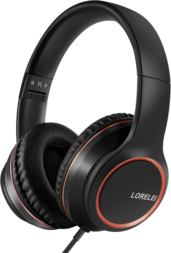 LORELEI X8 Over-Ear Wired Headphones with Microphone with 1.45m-Tangle-Free Nylon Line&3.5mm Plug,Lightweight Foldable & Portable Headphones for Smartphone,Tablet,Computer,Mp3/4(Space Black)