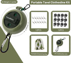 Portable Travel Clothesline Cord, Caudblor Adjustable 33ft Camping Clothes line, Laundry Drying Rope for Hotel Trip, Cruise, Outdoor/Indoor, with 12Pcs Stoppers, Windproof Clothespins