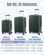 LIGHT FLIGHT Luggage Sets, 3 Piece Durable Suitcase Set with Spinner Wheels, 3 Pcs Hard Shell Lightweight Luggage with TSA Lock, Large Checked Travel Suitcases, 20/24/28 Inch,Green/Brown