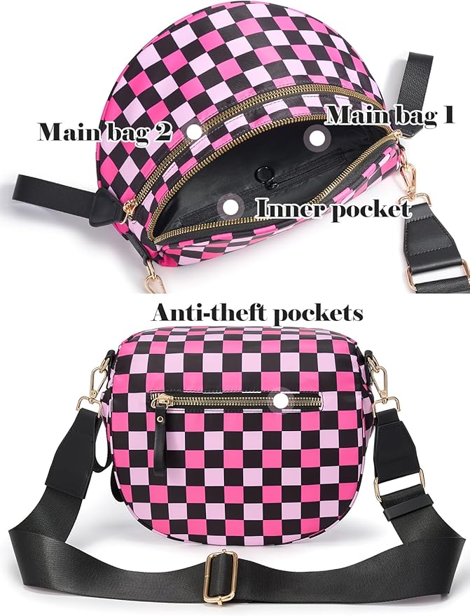 Black and White Checkered Crossbody Bag Bum Bag for Women,Spacious Checkered Purse Fanny Packs Belt Bag