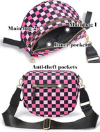 Black and White Checkered Crossbody Bag Bum Bag for Women,Spacious Checkered Purse Fanny Packs Belt Bag