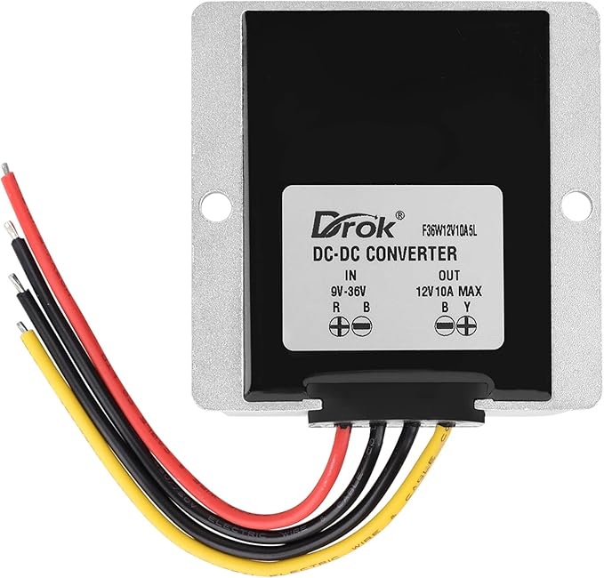 DROK Boost Buck Converter 9V-36V to 12V 10A 120W Aluminium Shell Waterproof Auto Step Up Down Voltage Regulator 12V Volt Transformer for Car Audio Solar Power System LCD Television LED Display Screen
