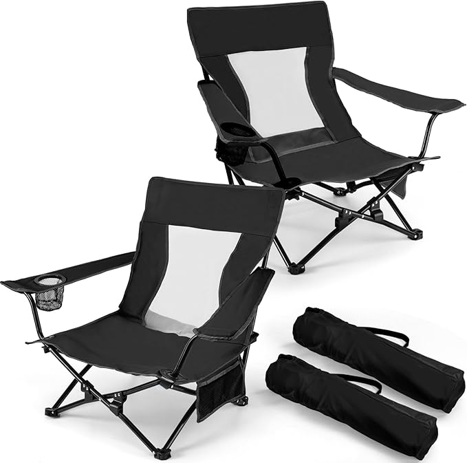 Joyfair Beach Camping Chair (2 Pack), Outdoor Folding Lawn Chair for Adults, Heavy Duty Portable Chair with Armrest for Outside Fishing, Sport, Patio, Cup Holder & Storage Pocket, Carry Bag (Black)