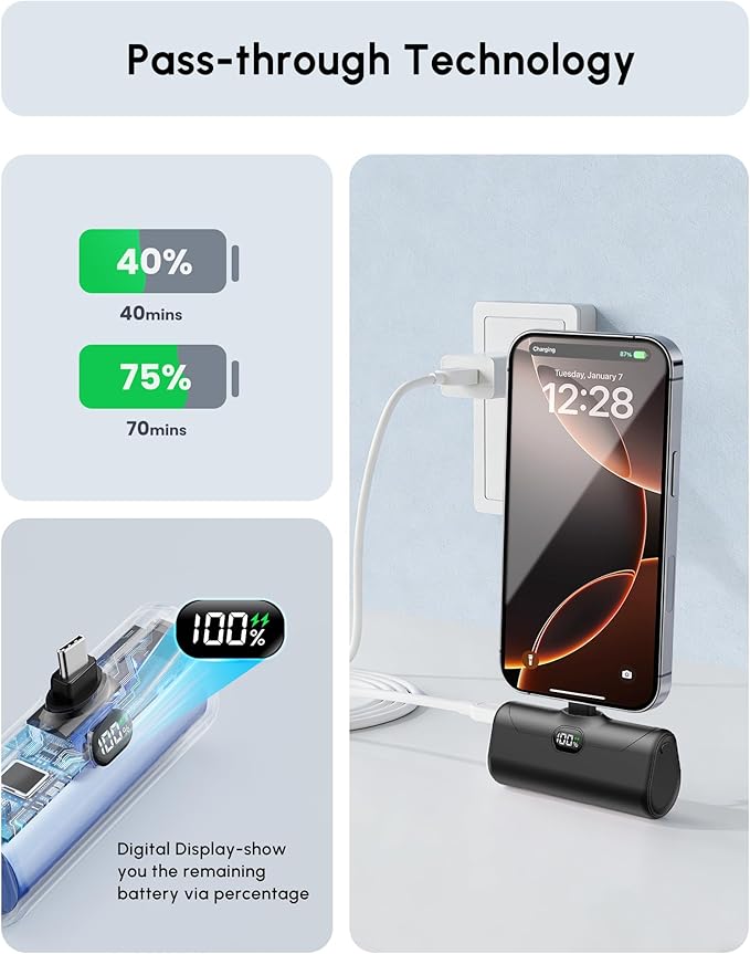 Small USB C Power Bank with Foldable Stand for iPhone 17/Samsung Galaxy S25, Palm-Sized Portable Charger External Battery Charger for Andoid, 5000mah Battery Pack with Digital Display-Black