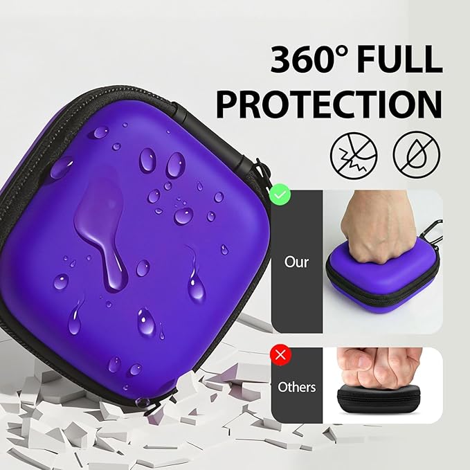 Square Earbud Case with Carabiner, Portable Small Carrying Pouch for Wired/Wireless Earphones, EVA Travel Organizer Box for Charging Cables, USB Flash Drives, SD Cards, Purple