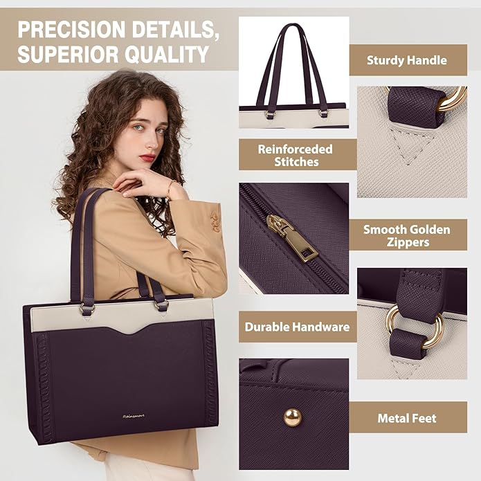 RAINSMORE Laptop Bag for Women 15.6 Inch Work Tote Bag with Detachable Strap & Bow Professional Laptop Tote with Cup Holder
