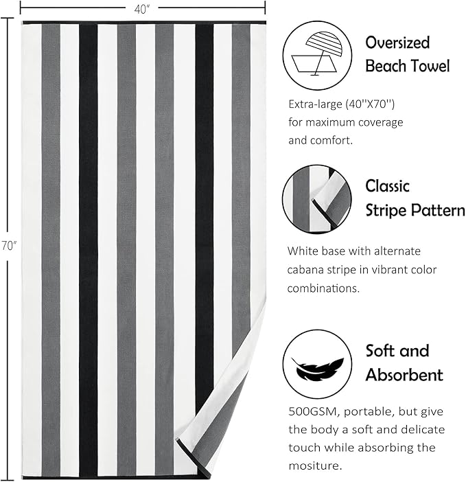 Bornbay Cotton Oversized Beach Towel - Extra Large 40"X70" Plush Thick Mens Beach Towels, XL Fluffy Stripe Pool Towels Charcoal Gray Swimming Towel for Adults Mens Women