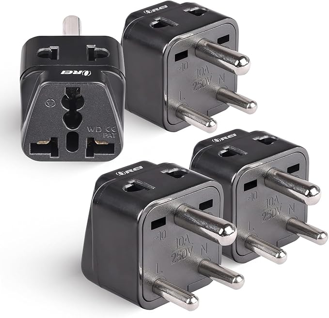 OREI US to India Plug Adapter- Type D Travel Adapter - 2 in 1 Travel Adapter for India, Nepal, Pakistan - CE Certified - RoHS Compliant - 4 Pack, Black