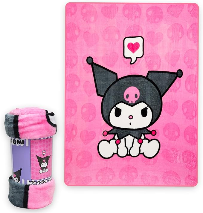 SANRIO Kuromi Neck Pillow and Blanket Set - Bundle Kuromi Travel Neck Pillow, Kuromi Fleece Blanket, Stickers, More | Kuromi Travel Accessories