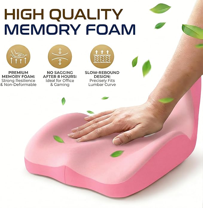 Ergonomic Seat Memory Foam Support Cushion for Back, Car Seat Back Support Cushion for Sciatica Tailbone Pain, Office Desk Chair Car Travel Seat Cushion (Pink)