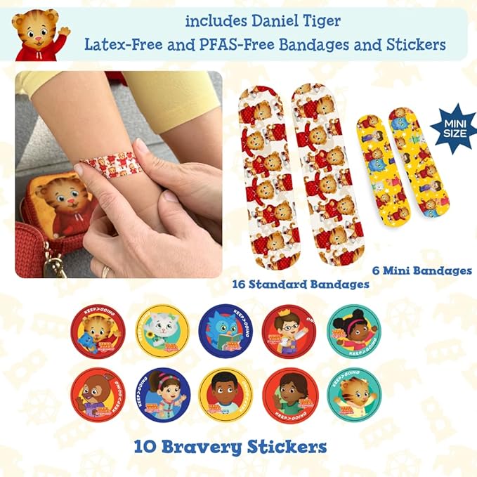 KeepGoing Daniel Tiger’s Small Travel First Aid Kit Kids – 60 Pc. Mini First Aid Kit for Purse, Diaper Bag, & Backpack with Latex-Free Bandages – 4 Oz., & 4.5 x 3.5 x 2 in, TSA-Approved