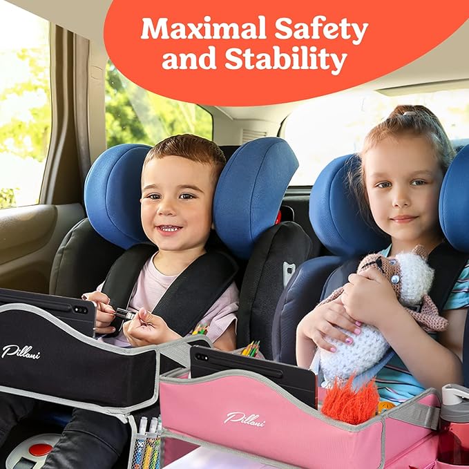 PILLANI Kids Travel Tray for Car - Toddler Car Activities, Car Seat Tray with Activity Sheets & Pens, Road Trip Essentials for Car & Airplane, Travel Lap Desk Accessories - Road Trip Activities Toys