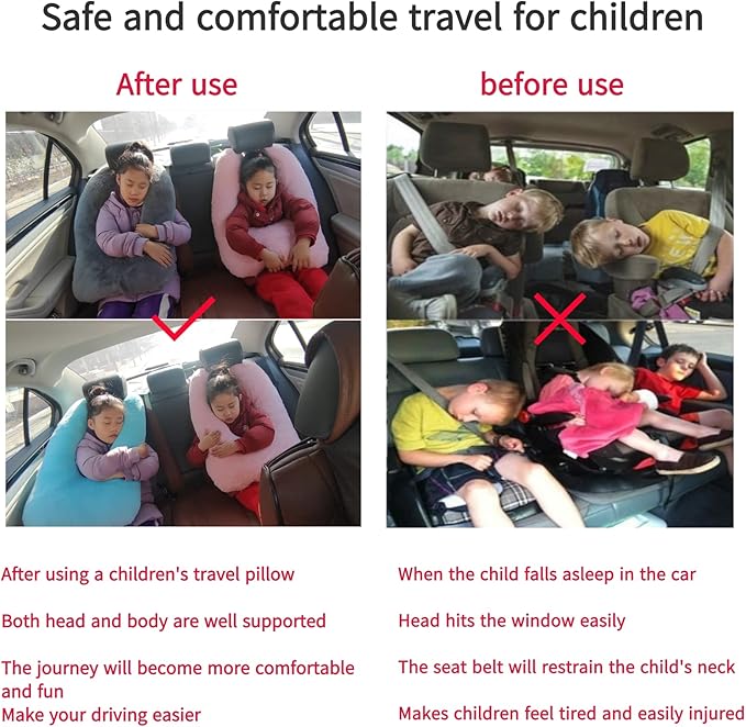 FHSGGP Travel Pillow Car Pillow Kid Car Sleeping The Sleeping Aid for Adults and Kids on Road Trips Kids Travel Pillow Colorful Pink