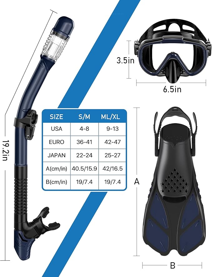 Ubekezele Snorkeling Gear for Adults Men Women,4 in 1 Snorkel Set with Panoramic View Diving Mask Anti-Fog Anti-Leak,Dry Top Snorkel,Fins and Travel Bag for Swimming,Snorkeling and Travel Diving