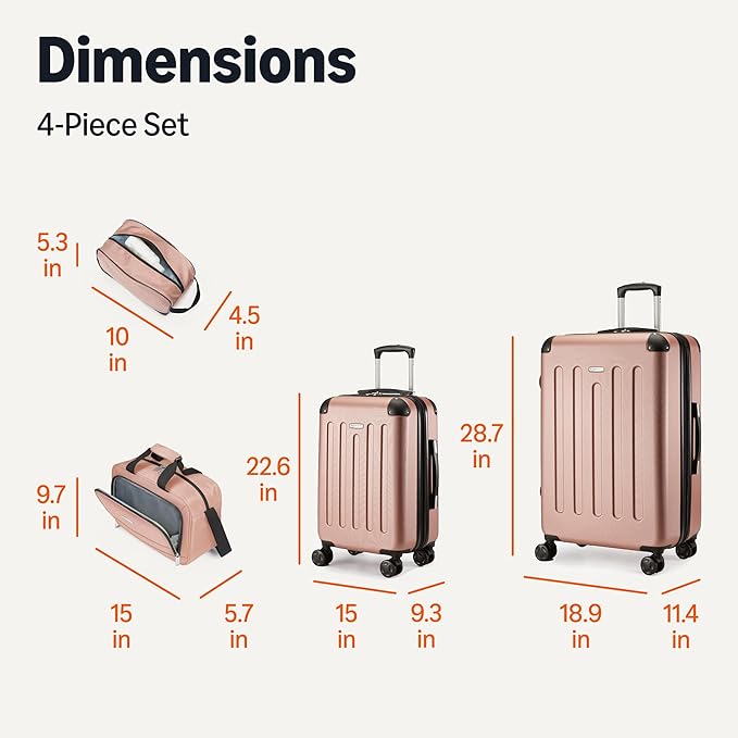 Amazon Basics 4-Piece Luggage Set, Hardside Spinner Suitcases with Multidirectional Wheels (22" Carry-On and 28" Checked), Plus 15-inch Tote Bag and 10-inch Compact Travel Bag, Rose Gold